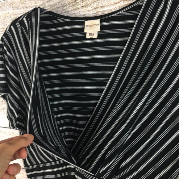 Covington Faux Wrap Stripe Knit Short Sleeve Pullover Top - Picture 3 of 11